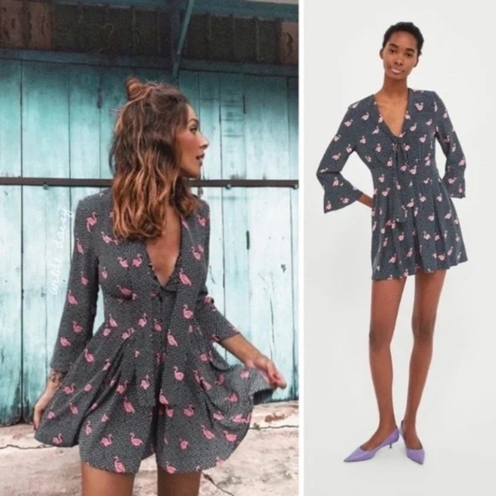 Flamingo Print V-Neck Dress